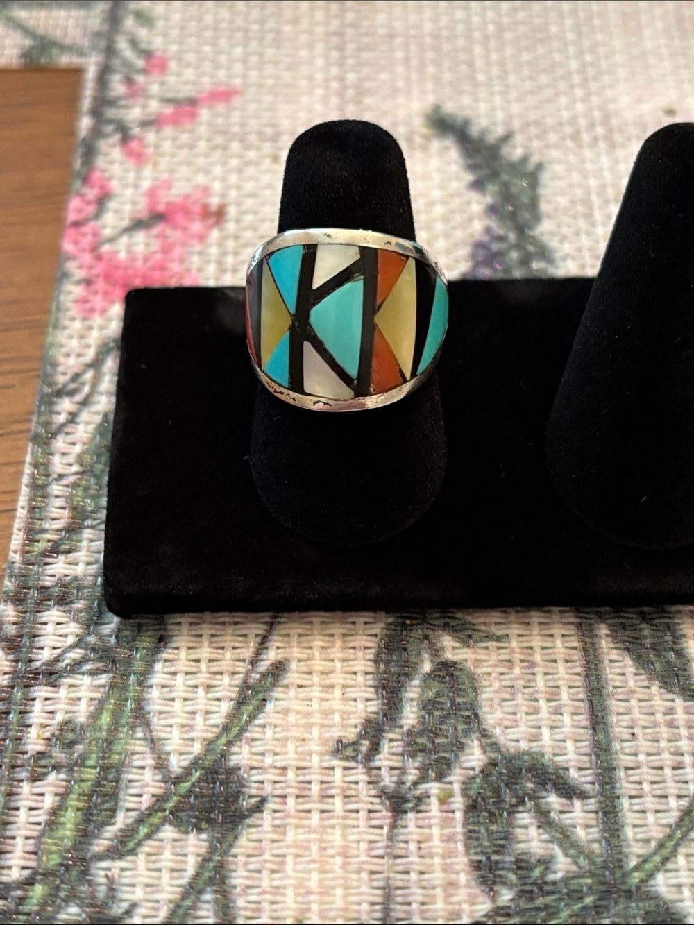 Sterling Silver Inlaid Multi-Color Geometric Statement Ring